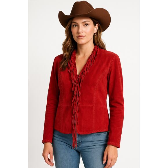 Y2K Western Boho Chico’s Design Red Suede Fringe Leather Jacket Size 2 (M/L) - Picture 1 of 16